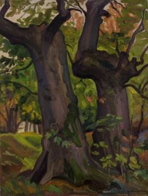 Zagora – Two Plane Trees — Oil painting, Fiberboard, 46.00×61.00cm — Theodoros Markellos